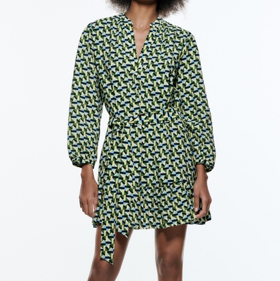Zara Multicolor Geo Pattern Long Sleeve Tiered Mini Dress W Sash Belt Small - Picture 1 of 7